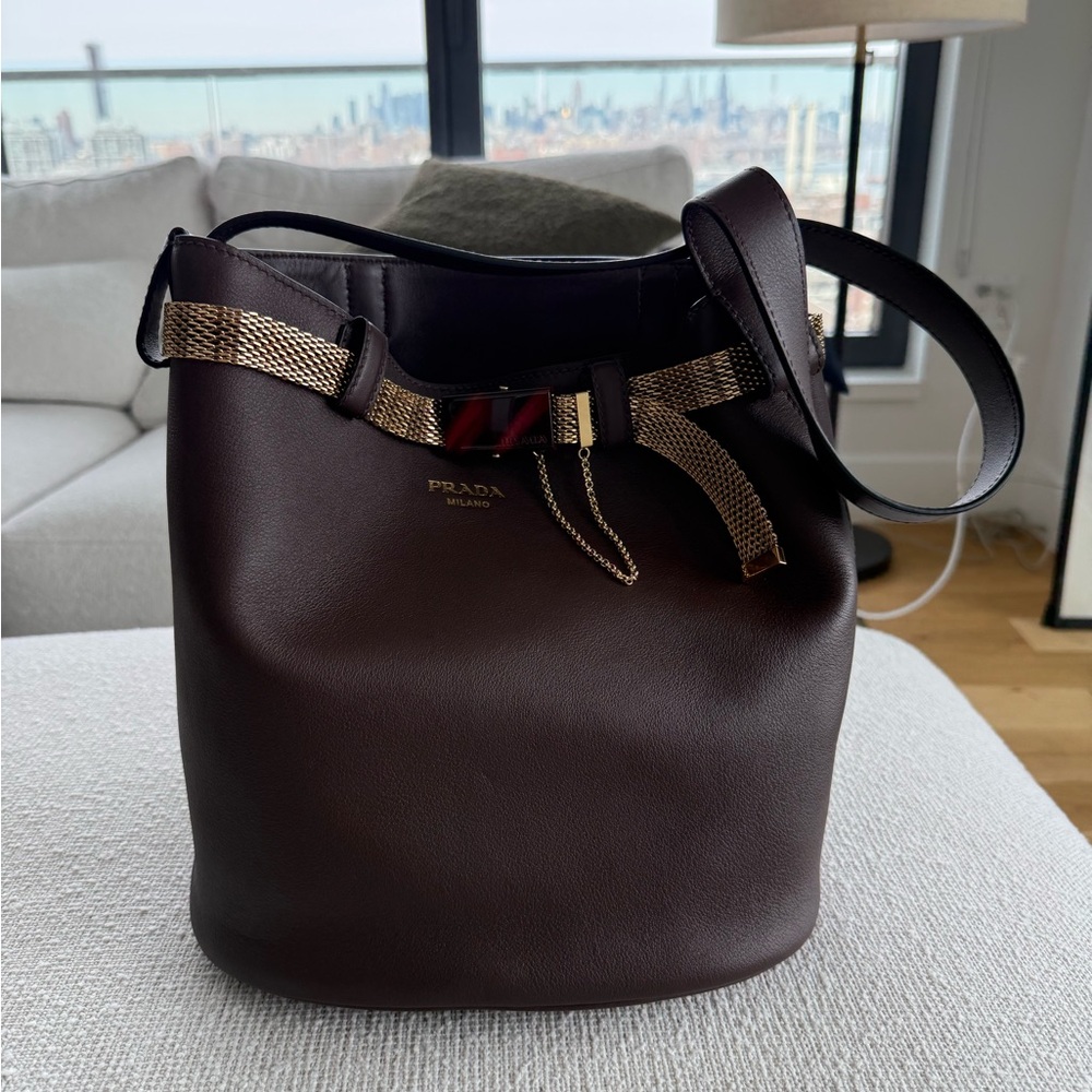 Prada Dark Brown Leather Bucket Bag with Gold-Tone Chain Detail